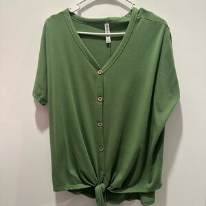 Green Button-Down V-Neck Top
